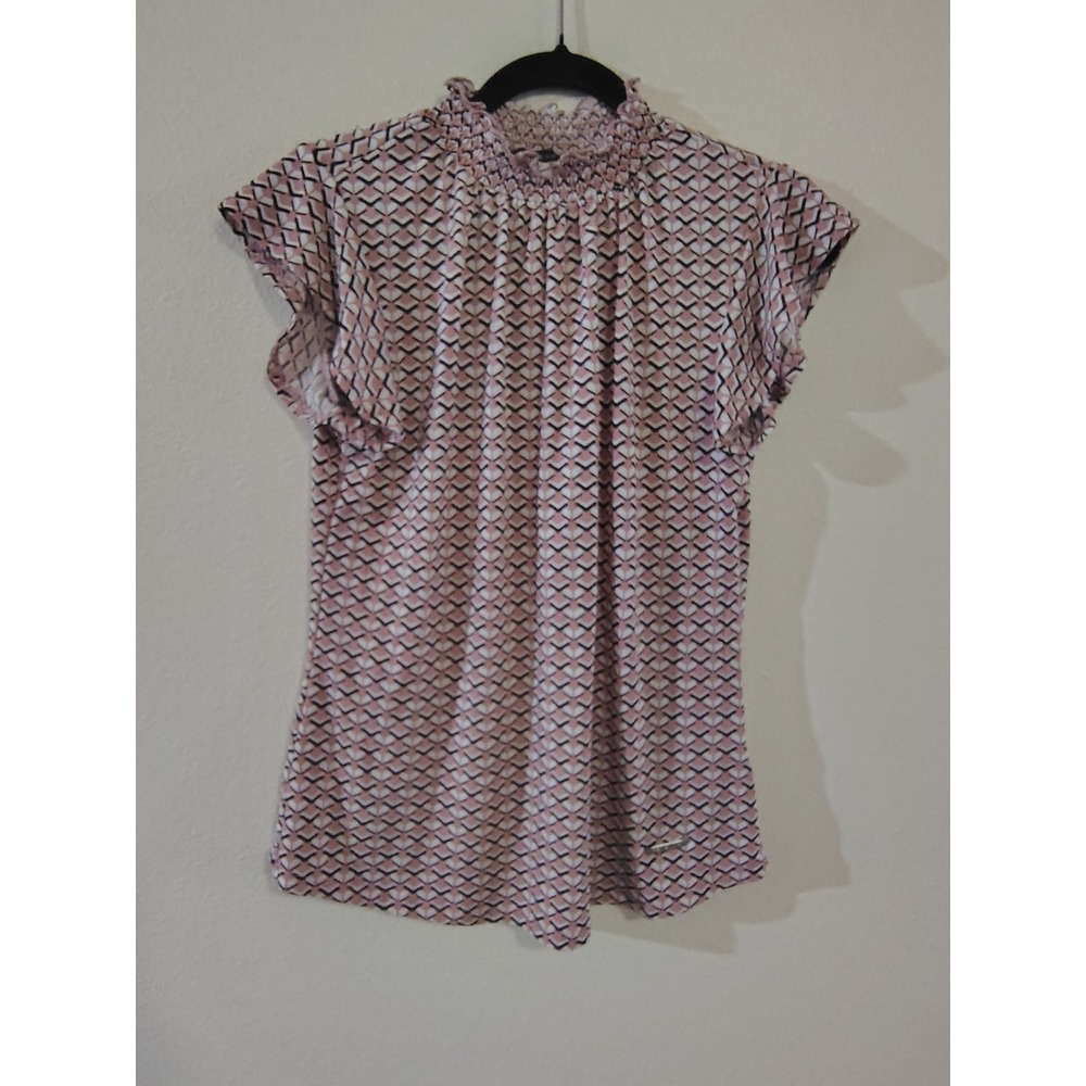 Adrienne Vittadini Womens Pink Geometric Smocked Neck Cap Sleeve Blouse Small‎